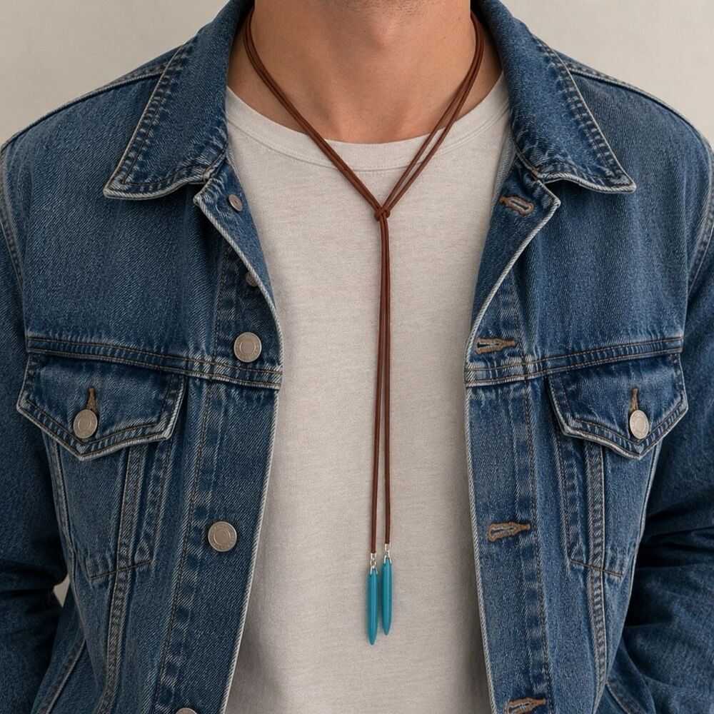 Western Bolo Y Necklace - Brown Faux Suede & Faux Turquoise
